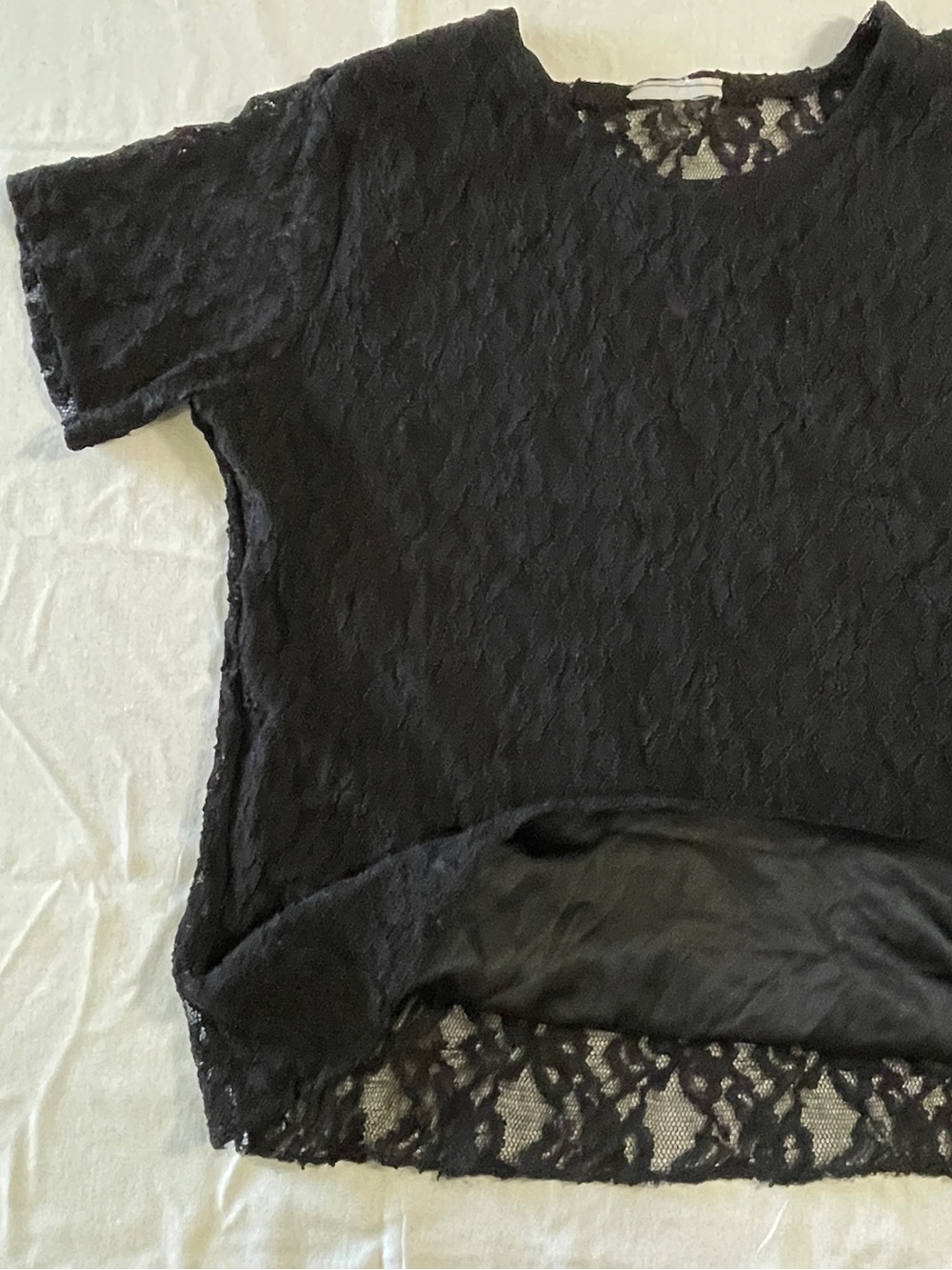 Sheer Lace Back, Black Lace Short Sleeve Women's Sexy & Stretchy Top